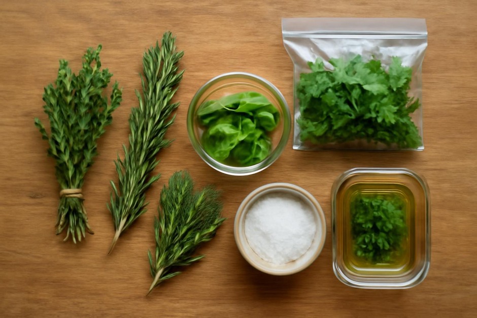 Fresh herb sprigs on a wooden table