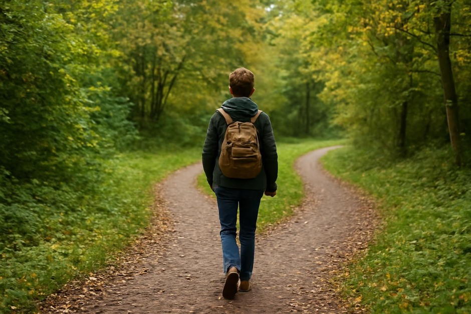 Person walking along a leafy path, choosing between two directions