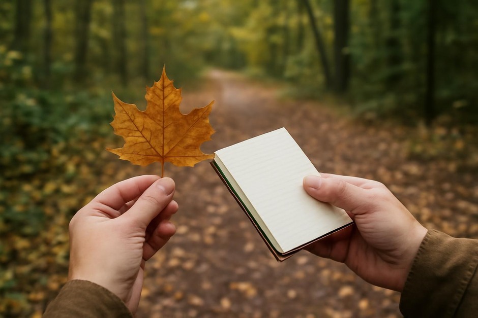 Hands holding a fallen autumn leaf and a small notebook on a woodland path