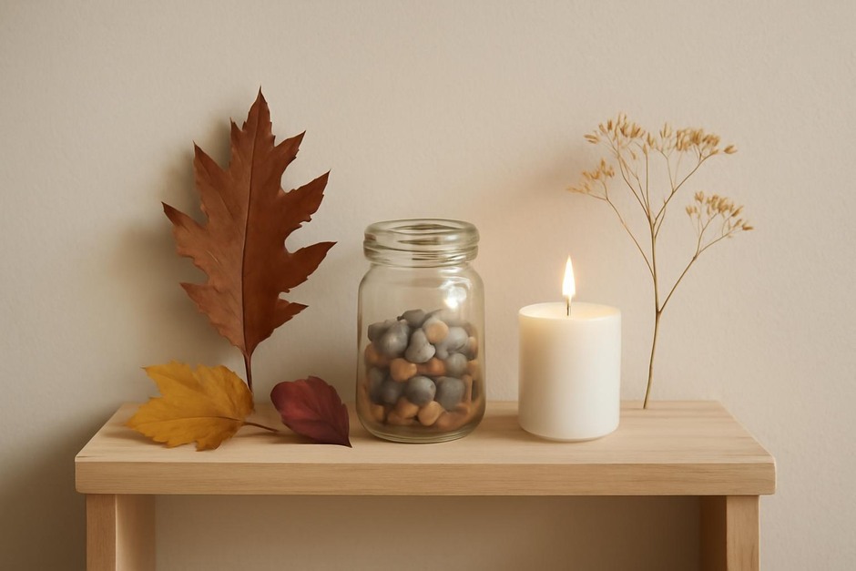 A small wooden shelf with seasonal leaves, a glass jar of pebbles, and a candle